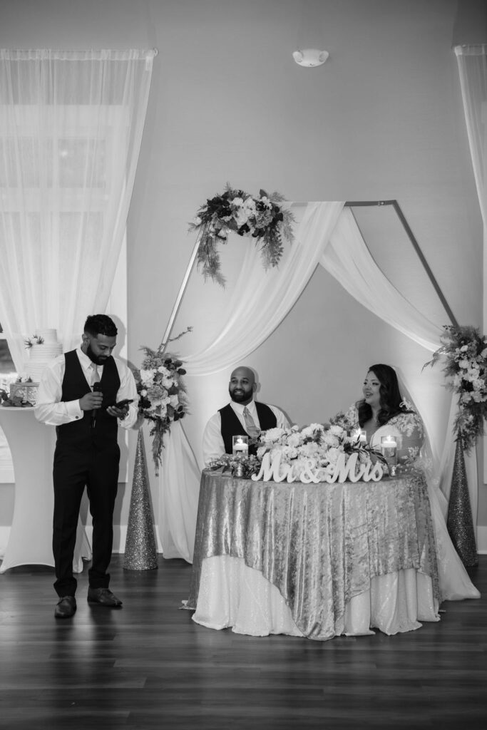 groomsman gives a toast during a dreamy wedding reception