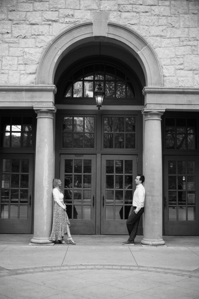 stunning couple pose together during their Atlanta engagement photoshoot