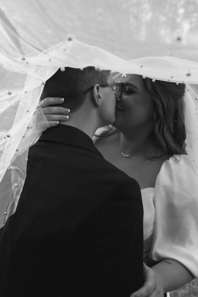 stunning bride and groom share a kiss under the veil!