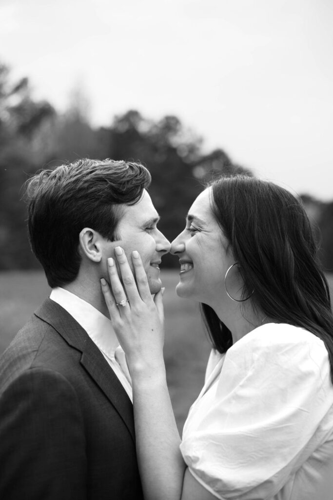 beautiful couple pose together during their Green Meadow Preserve engagement 