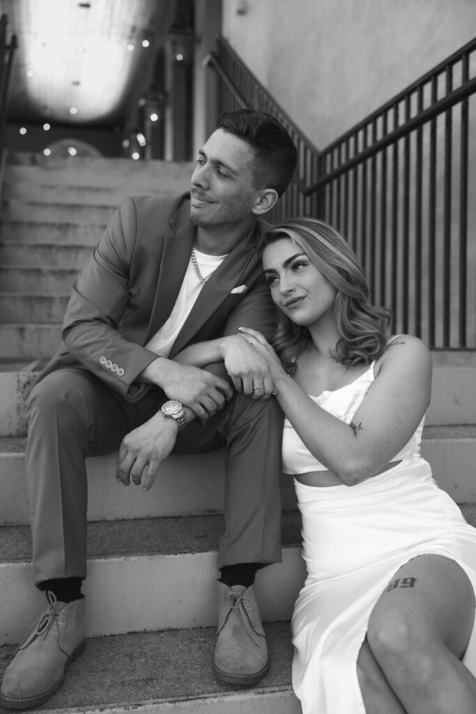 beautiful couple pose together during their Monteluce Winery engagement photos