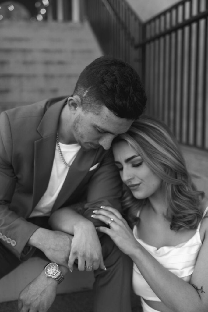 beautiful couple pose together during their Monteluce Winery engagement photos