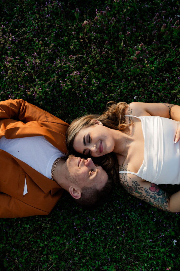 beautiful couple pose together during their Monteluce Winery engagement photos