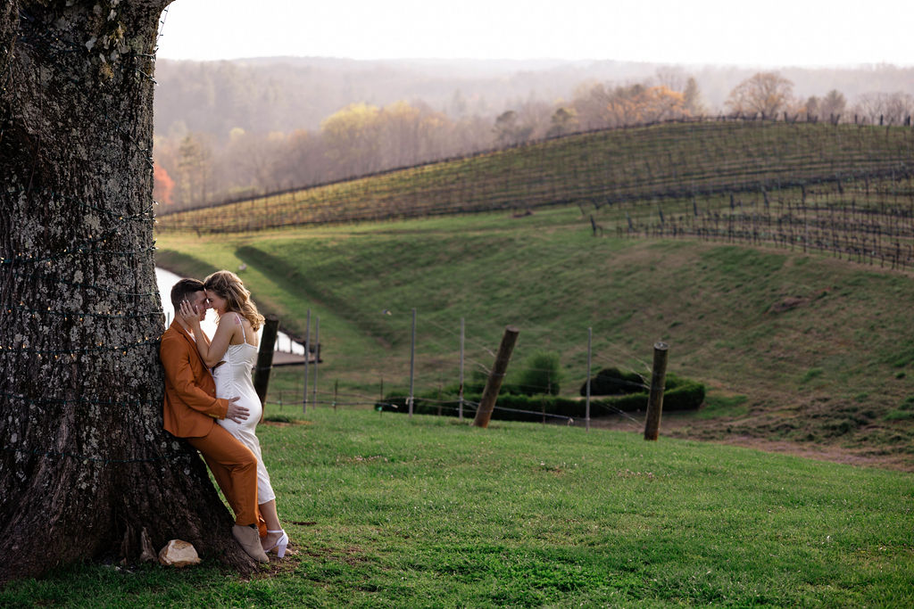 beautiful couple pose together during their Monteluce Winery engagement photos