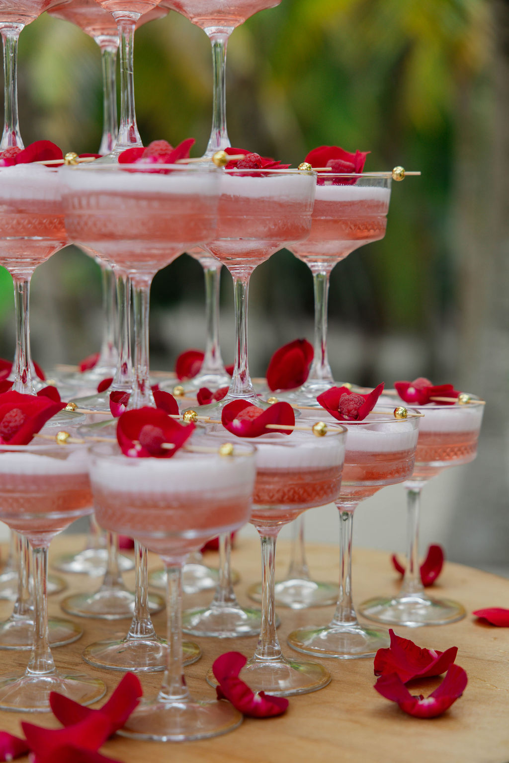 champagne tower sits ready for a party