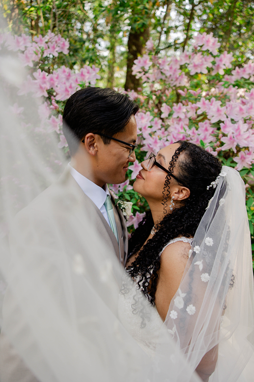 bride and groom share a kiss surrounded by cherry blossoms