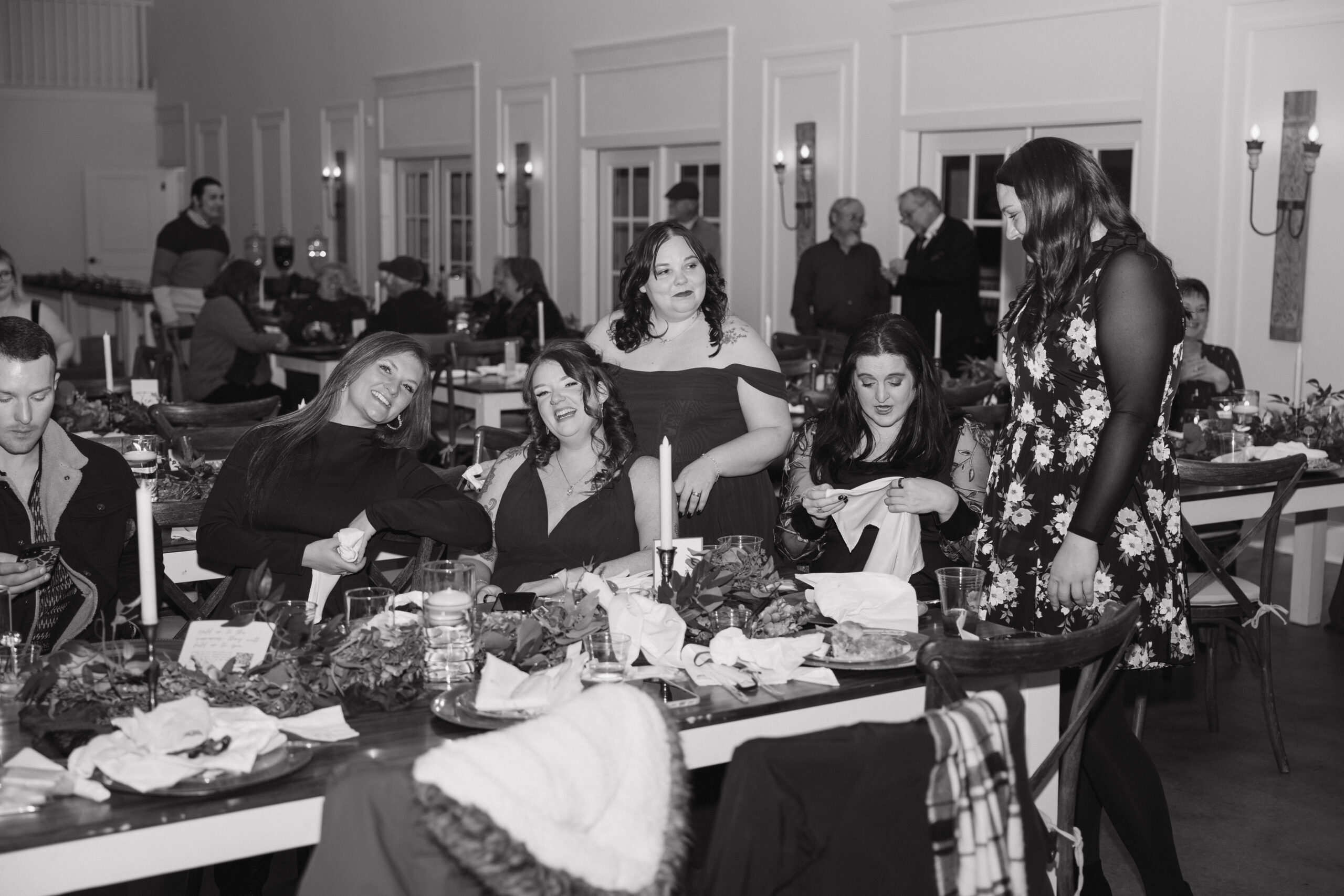 candid wedding reception photo from a stunning winter wedding